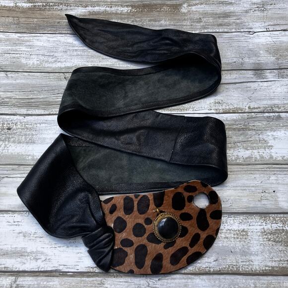 Handmade Leather Belt OOAK Tie Wrap 41” Black Cheetah Faux Fur Mobwife Bohemian - Picture 6 of 8